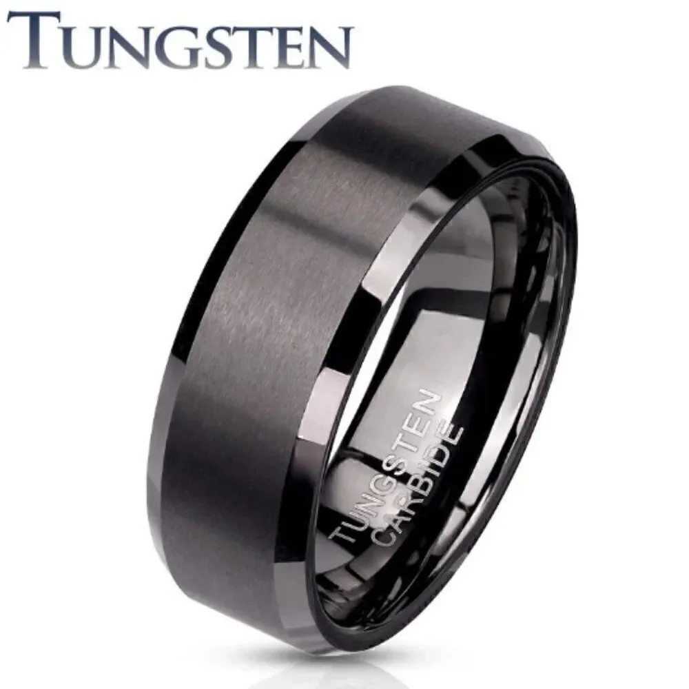 Engraved Men's Real Matte Black Tungsten Wedding Ring  Durable Black Powder Coat